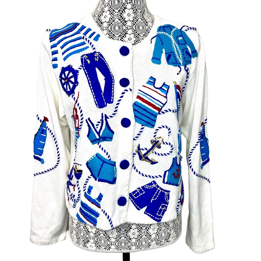 Vintage Michael Simon Nautical style Cardigan Sweater Size M White Blue